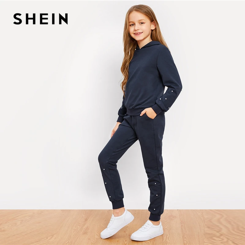 SHEIN/Детская толстовка с капюшоном с жемчужинами для девочек, повседневный топ и штаны комплект из двух предметов, г. Весенний комплект детской одежды с длинными рукавами