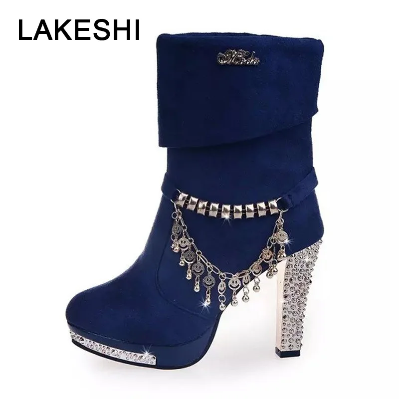 

LAKESHI Boots Women Fashion Women's Shoes High Heel Ankle Boots Autumn Shining Shoes Motorcycle Ankle Boots Female Botas Mujer