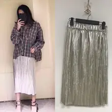 Плиссированные блестками орган мини-юбка плиссированная юбка металлик эластичный пояс миди обхват талии