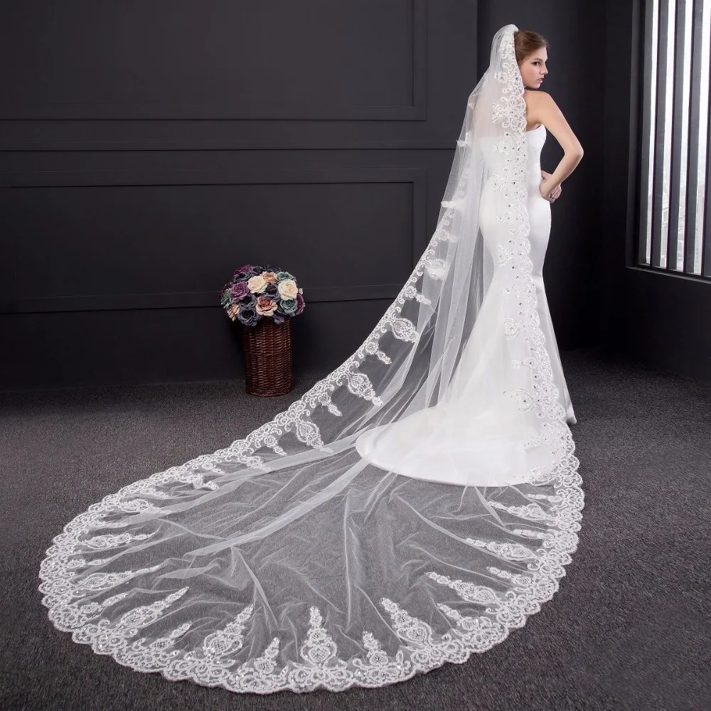 Один слой вуаль невесты для венчания 3,5 метров потрясающий Кристальный Аппликация из бисера Свадебные аксессуары белый цвет слоновой кости Velo Мода