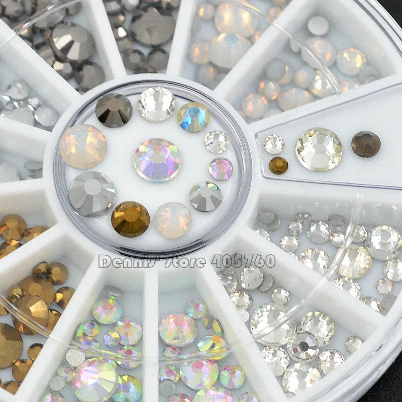 

Mix Sizes Glitter White AB Clear Silver Gold Flatback Round Facets Diamond Nail Art Rhinestones Decorations Manicure DIY Wheel
