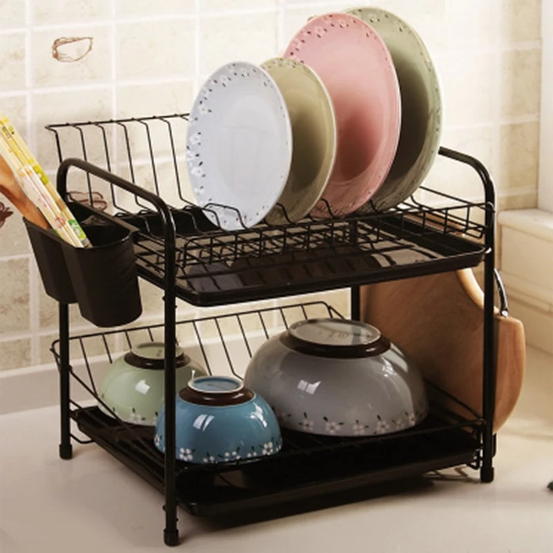 

Dish Rack Set 2-Tier Kitchen Organizer Tools Plate Spoon Storage Frame Steel Drain Bowl Rack Kitchen Dish Shelf