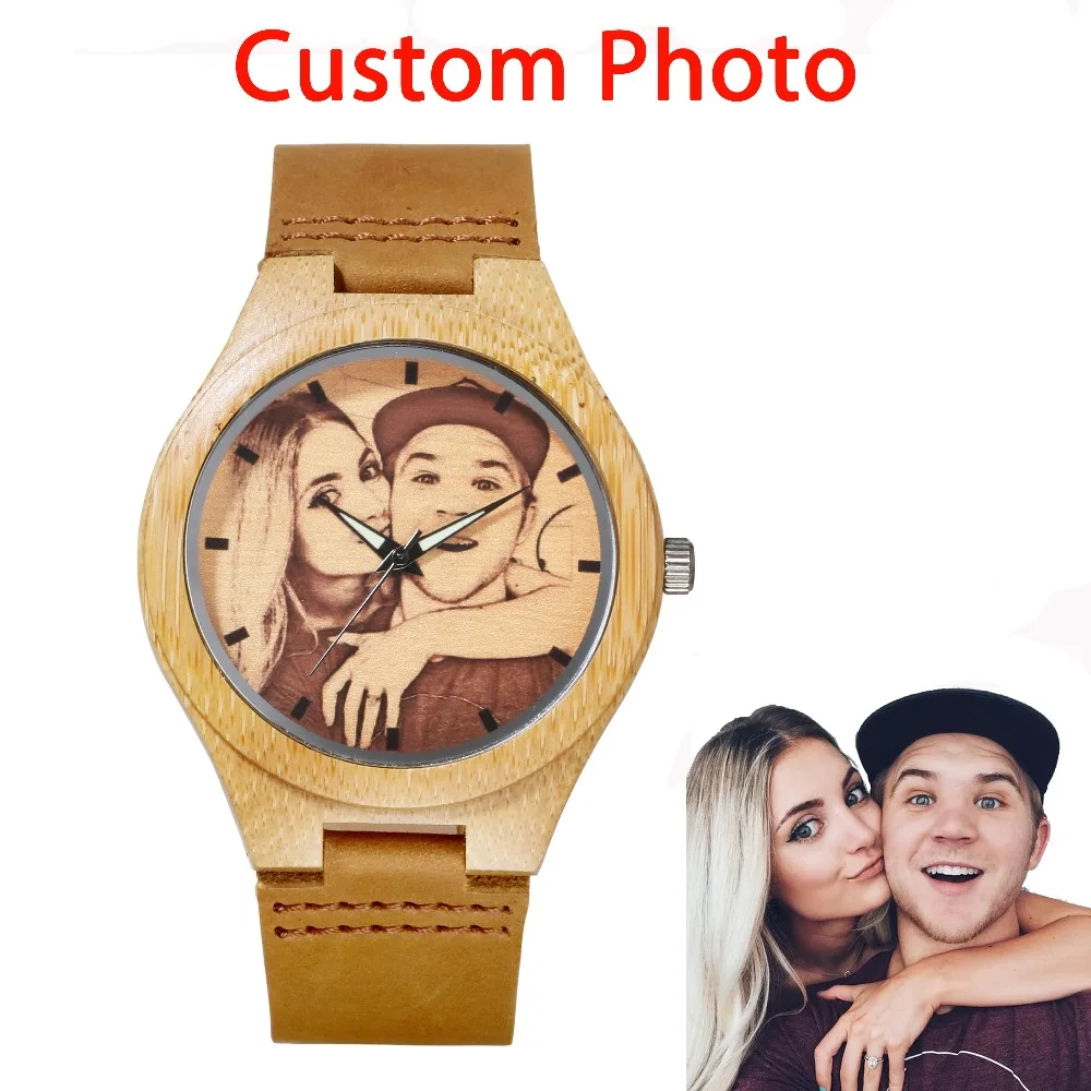 

Custom Brand Your Own Photo Watch Unique Bamboo Wood Leather Causal Quartz Men Watches Customized Logo Birthday Gift For Lovers