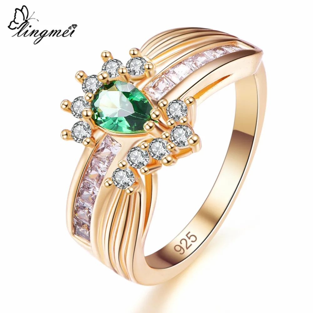 

lingmei Newly Water Drop Royal Blue & Green White CZ Gold Color Ring Size 6 7 8 9 Luxury Women Wedding Party Jewelry Wholesale