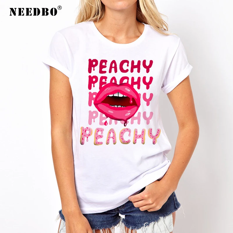 Женская футболка забавная Сексуальная Повседневная Femme Imprime Red Lips круглый вырез