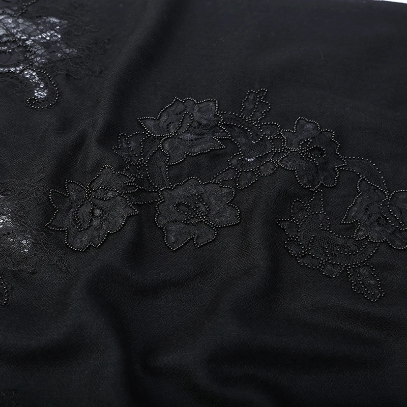 Высокое качество, модный черный шарф ручной работы с вышивкой из бисера, кашемир/шерсть, шелк, Франция, кружевной шарф, шаль, размер: 70*200 см(Химчистка