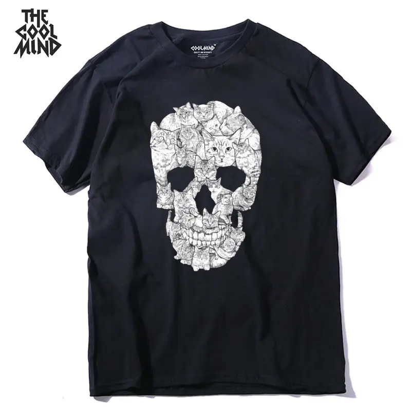 

COOLMIND QI0229A 100% cotton street style loose cool skull print men T shirt casual short sleeve o-neck loose cotton mens tshirt