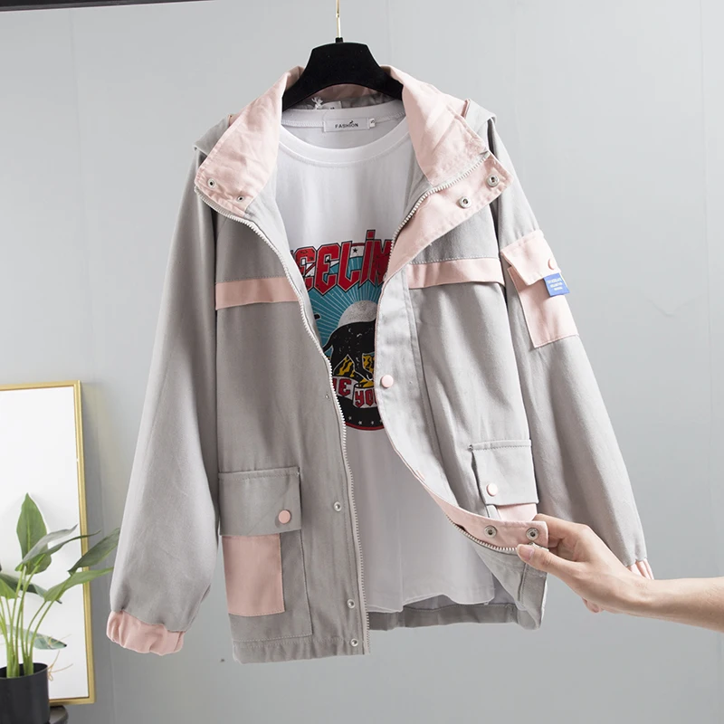 

Spring Autumn Hooded Jacket Women Casual Pockets Outerwear Coat Jacket Long Sleeve Patchwork Zipper Windbreaker Coats and Jacket