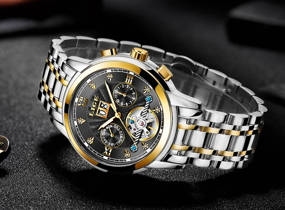 LIGE бренды для мужчин Автоматический Механические тourbillon часы Роскошные модные нержавеющая сталь спортивные часы для мужчин Relogio Masculino