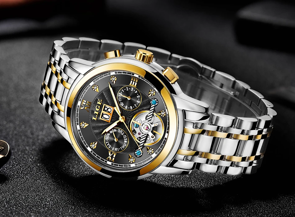 Marca lige masculino relógio automático mecânico tourbillon