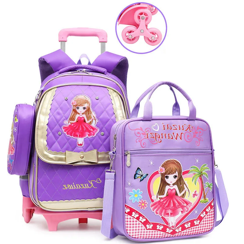 Милые комплекты из 3 предметов Детские 2/6 колёса тележка Водонепроницаемый ранец Детский рюкзак высокого качества Школьные рюкзаки для девочек учебная сумка - Цвет: 6 wheels purple