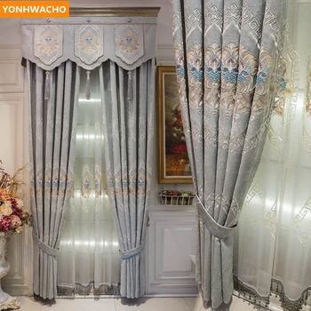 

Custom curtains European luxury livingroom villa high-grade chenille embroidery cloth blackout curtain tulle valance drapes N795