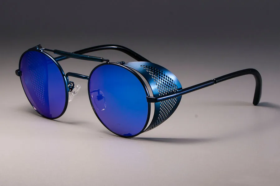 Стимпанк очки солнцезащитные очки для мужчин и женщин крутые оттенки Ретро Круглые Солнцезащитные очки отличная текстура металла Брендовые очки UV400 - Цвет линз: Синий