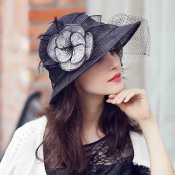 

Summer Ladies Fedoras Cap European American Elegant Flower Mesh Yarn Banquet Hat Women Sunshade All-match Party Girls Hats H7116