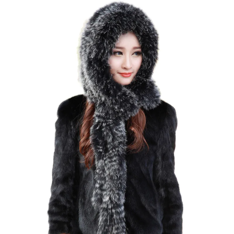 

2019 Winter Warm Hat With Scarf Women Real Fox Fur Hat With Earflap Knitted Ladies Natural Fur Russian Hats Winter Cap Sets