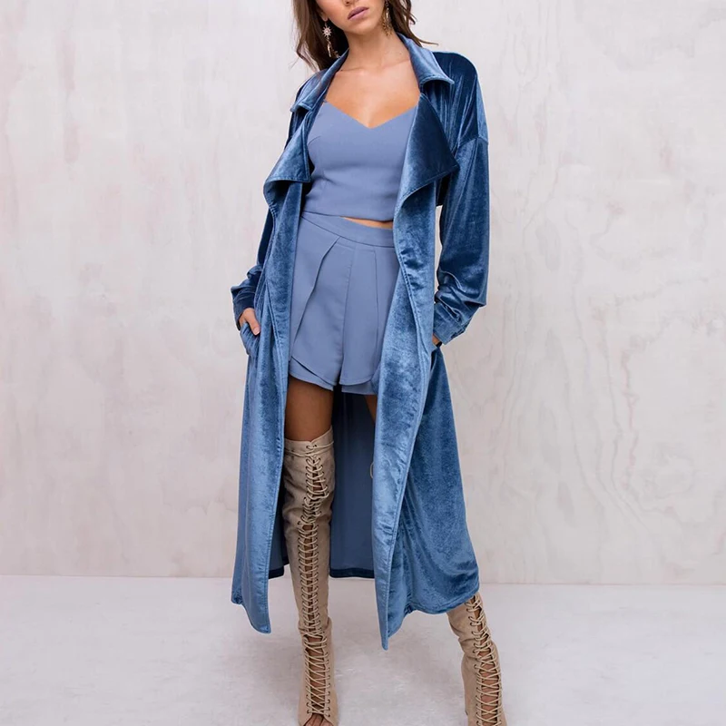 

Lily Rosie Girl Sexy Cardigan Velour Women beige Sashes Long Coats Autumn Winter Slim Trench Blue Adjustable waist Outwears Coat