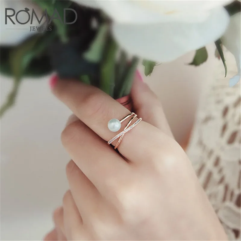

ROMAD Triple Cross Design Cubic Zircon Paved Braided Elegant Jewelry Synthetic Grey Pearl Rings for Women bagues pour femme R4
