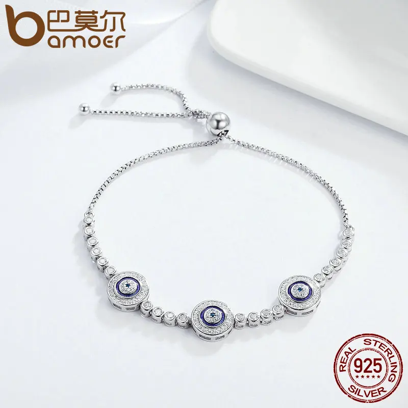Najtaniej BAMOER New Arrival oryginalna 925 Sterling Silver luksusowe okrągły niebieski oczy czysta cyrkonia kryształ bransoletka tenisowa biżuteria SCB002