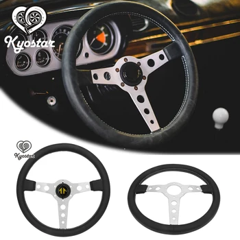 

Universal 350mm steering wheel Flat Real leather steering wheel Drift Racing Classic Steering Wheel Silver Black Spoke Stitchin