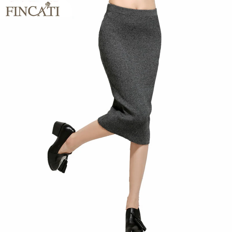 

Fincati 2018 Women's Spring Autumn Solid Color Sexy Cashmere Blend Pencil Skirt Elegant Lady Elastic Waist Knee Length Skirts