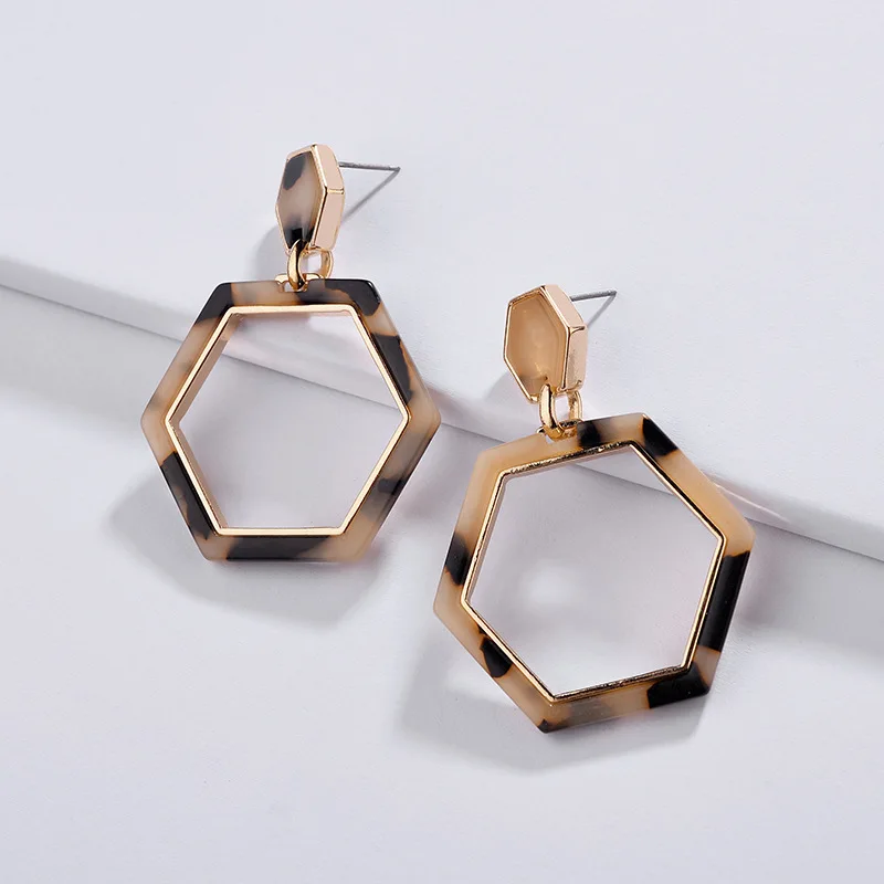 

HUIDANG Fashion Geometric Hexagon Shape Tortoiseshell Drop Earrings Leopard Grain Acrylic Acetate Statement Earrings women