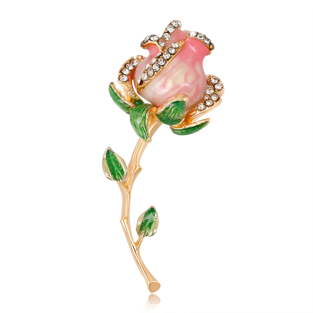 Enamel Pink Rose Flower Brooch Pins Green Leaf Rhinestone Brooches