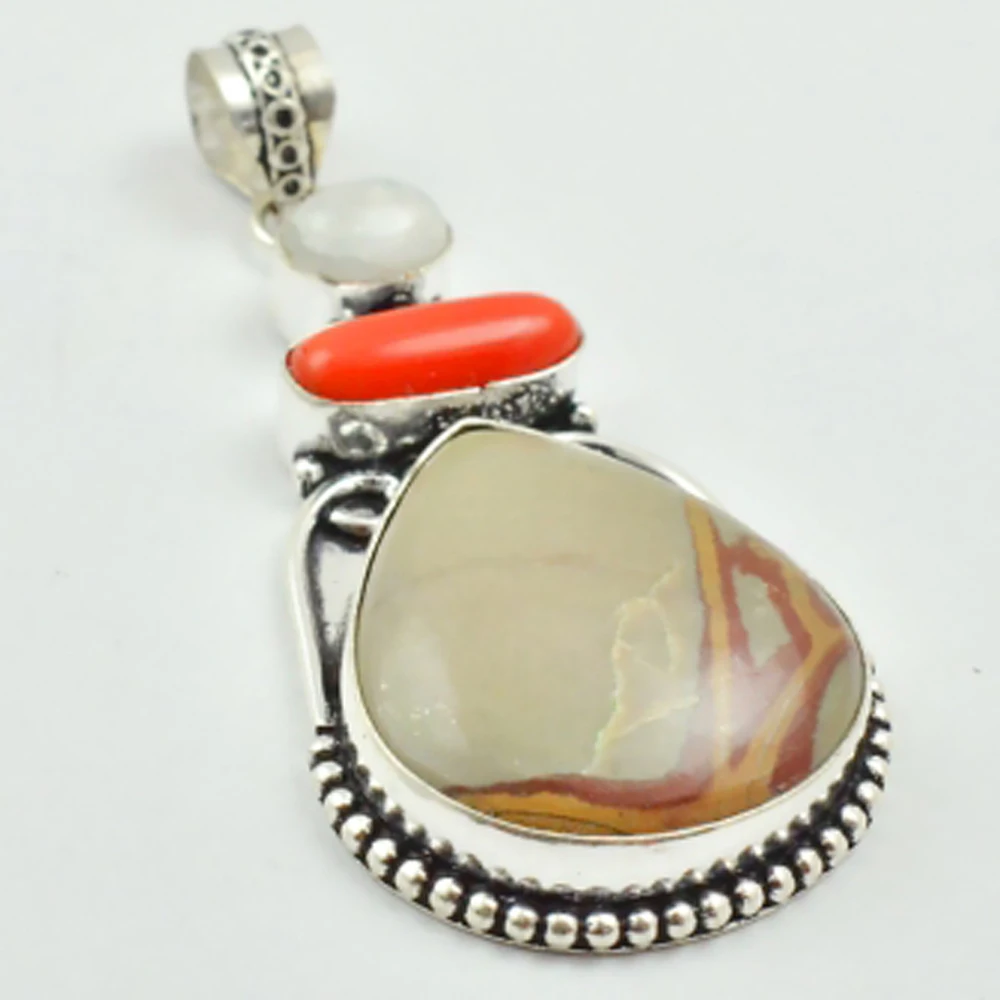 

Picture Jaspers & Coral Pendant Silver Overlay over Copper , 60 mm, P3193