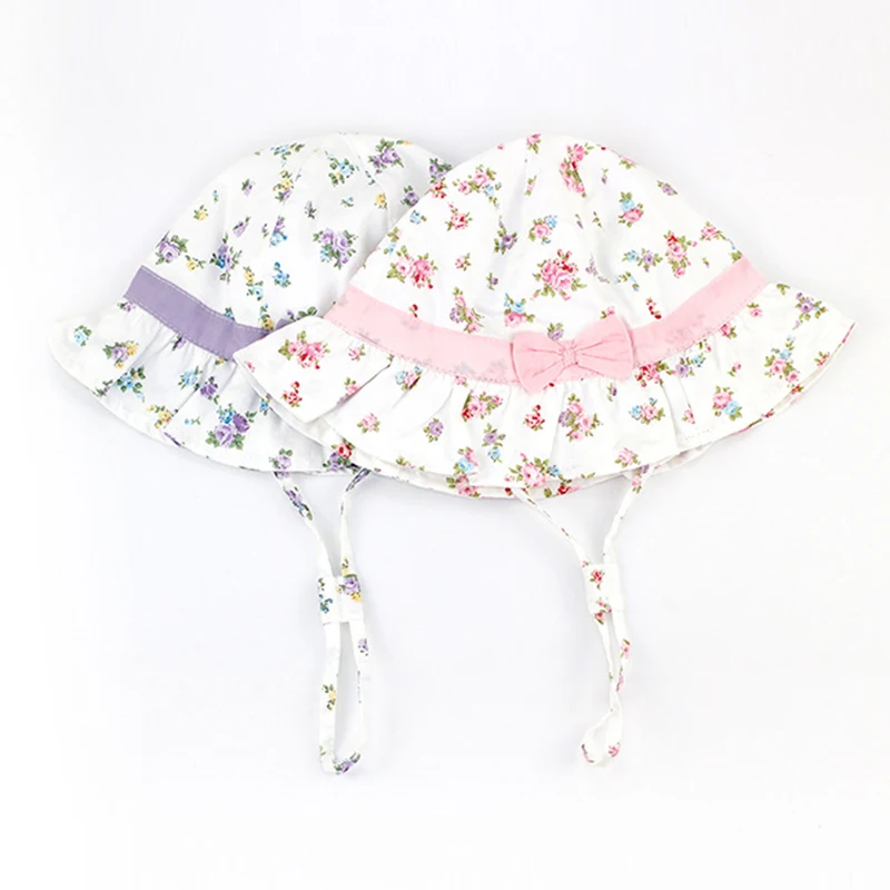 Flower Bow Baby Girls Hat Ruffles Floral Hat For Girls Cotton Lace Up Baby Fisher Hat Fashion Purple Pink Sun Caps Spring Summer (12)