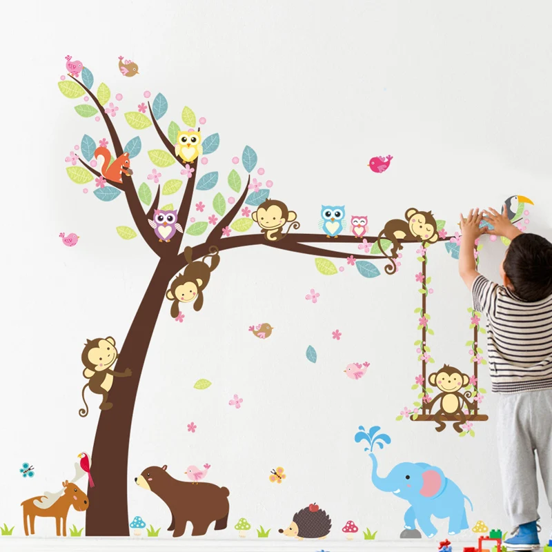 Wandtattoo Wald Sticker Tiere Baum Wandbild Affe Löwe Neu Rosa Mädchen Süß #60