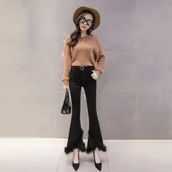 Микро колокол Штаны Для женщин 2018 Новый осень-зима корейской версии Высокая талия широкие брюки тонкие черные плюс бархатные повседневные