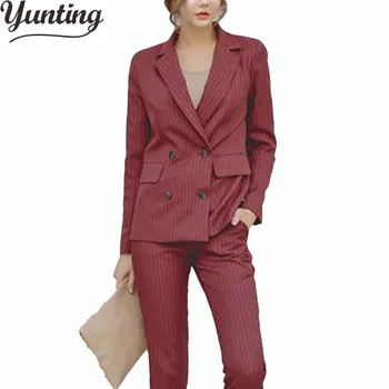 

Runway Fashion 2018 New Women's Elegant Pant Suits 2 piece set OL Formal Work Wear Long Sleeve Blazer + Trousers Suit