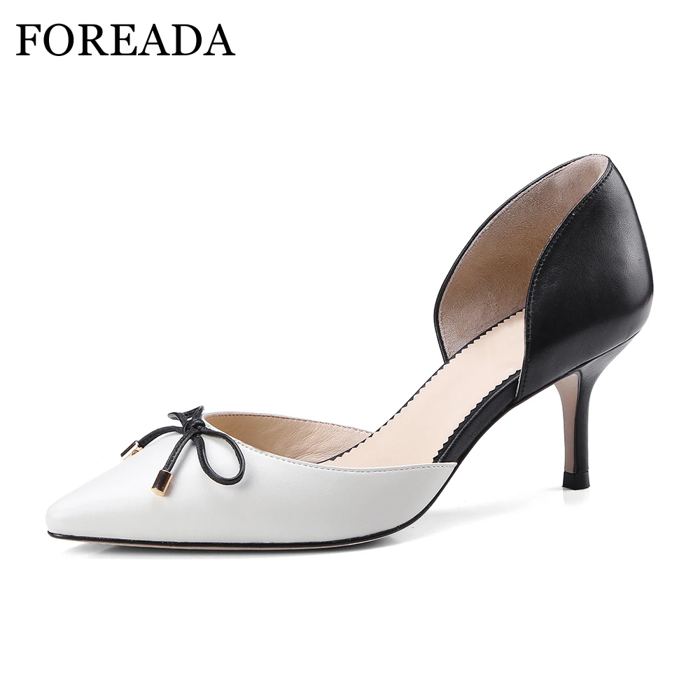

FOREADA Women Shoes Natural Leather Pumps High Heels Bow-knot Party Shoes Spring 2018 Two-piece Shoes Slip On Pointed Toe Pumps