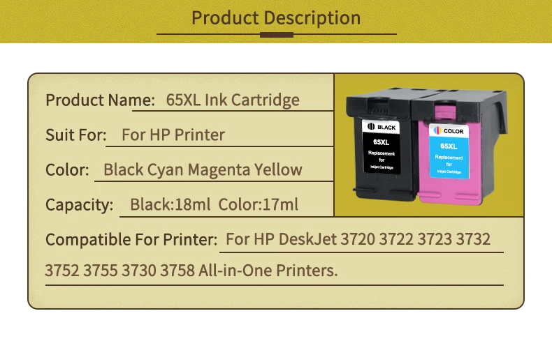 Toney universal(король 65XL восстановленные для hp 65 картридж с чернилами для hp 65 чернилами hp Deskjet 3720 3721 3723 3724 3730 3732 3752 3755 3758 принтер