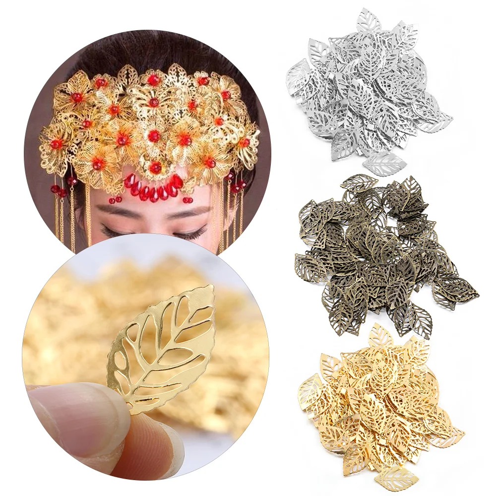 

New Fashion Hot 100Pcs Craft Hollow Leaves Pendant Accessories Gold Charm Jewelry Filigree Making Plated Vintage For Hair Comb