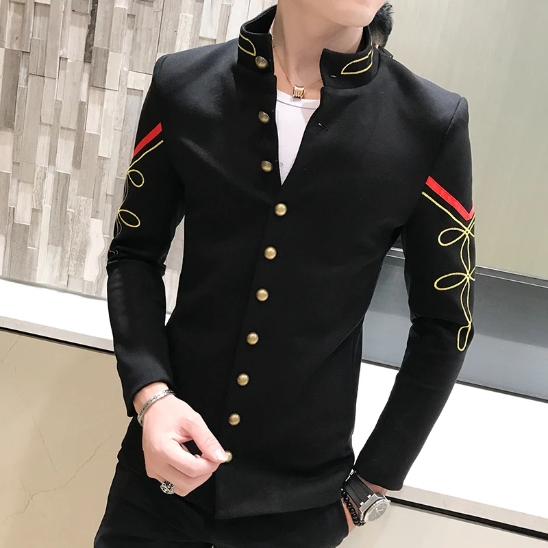 

4 Color Gold Button Chinese Collar Suit Jacket Slim Fit Mens Blazer Pattern Army Pilot Jacket Men Black Blue Red White Blazer