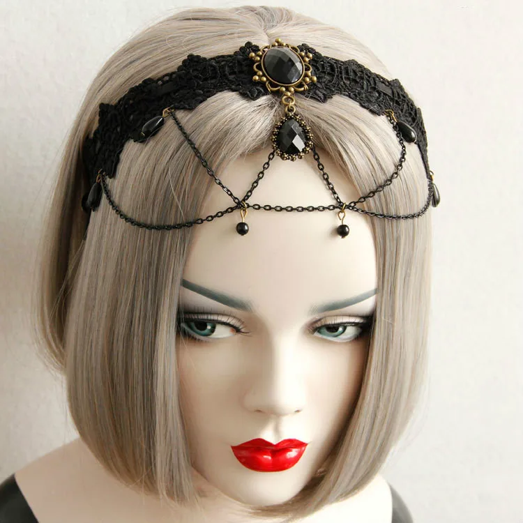 Vintage Gothic Black Lace Tassel Headband Fashion New with Hair