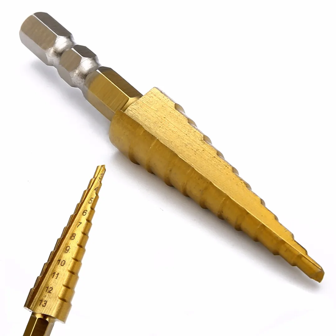1pc Titanium Coated Step Cone Drill Bit 1/4 inch Hex Shank Woodworking Drilling Tools 3 13mm