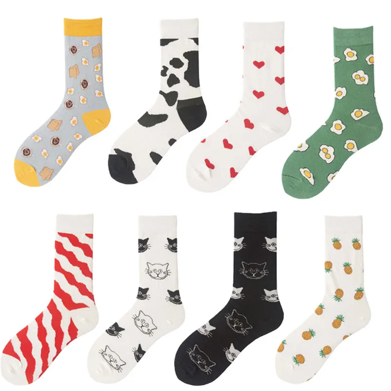 Новинка, женские носки с милыми мультяшными рисунками, забавные носки с изображением яйца, кота, сердца, ананаса, в полоску, молоко, корова, носки Harajuku, подарок
