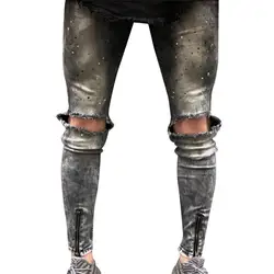 2019 новый кристалл Высокое качество для мужчин тонкий Байкер молния тощий потертые брюки Distressed Rip джинсы мотобрюки Роскошные Лидер продаж