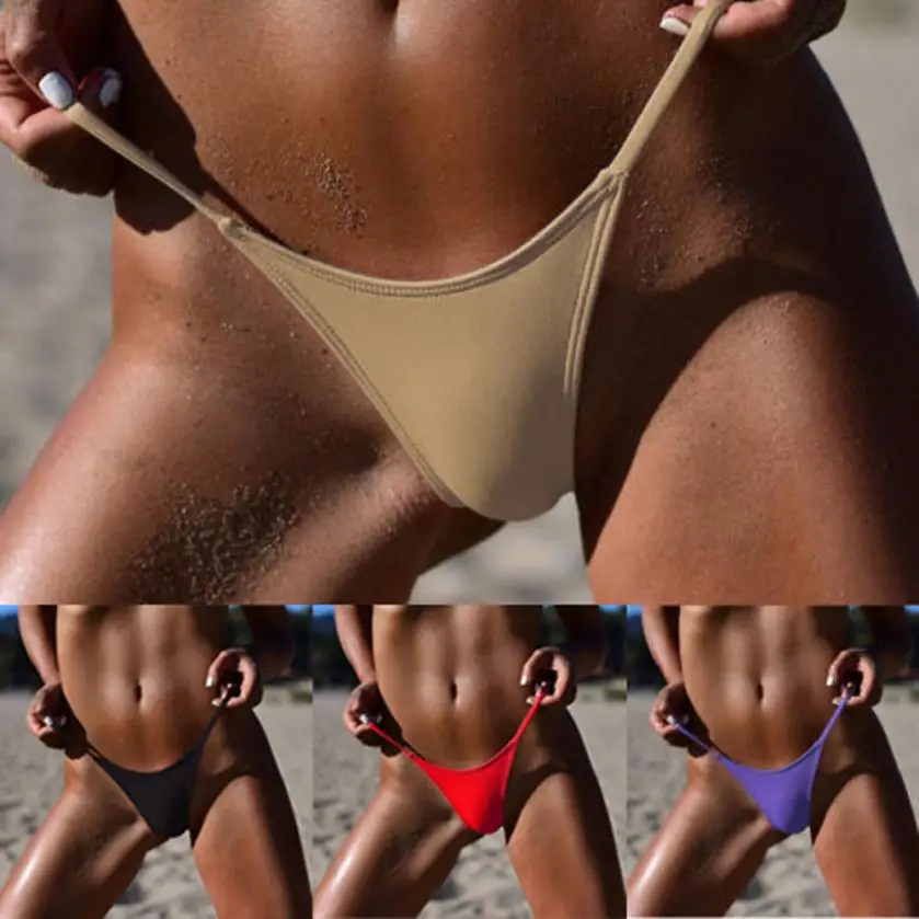 

Womail 2018 Sexy Solid Thong Bikini Bottoms Swimwear Women high cut Yellow Red Swimsuit Summer Cheeky String V Swim Trunks