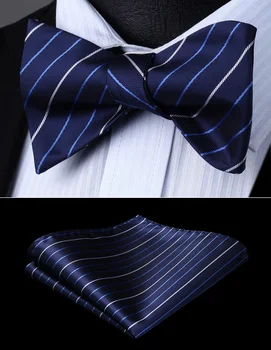 

Bow Tie handkerchief set Men Woven Party Wedding Navy Blue Striped Self Bow Tie Pocket Square Set#BS609VS