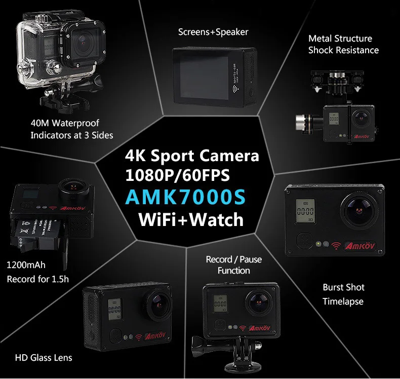 Amkov AMK7000S 4K Ultra HD 2 inches TFT WiFi Action Camera DV with Sunplus 6350M SPCA6350 OV4689 Image Sensor 170 Degree View Angle Remote Control Watch