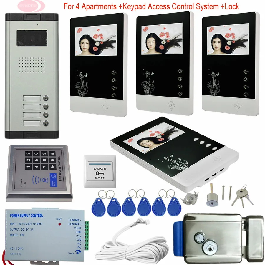 4.3" Video Door Phone Doorbell Security 1 Camera 4 Monitors