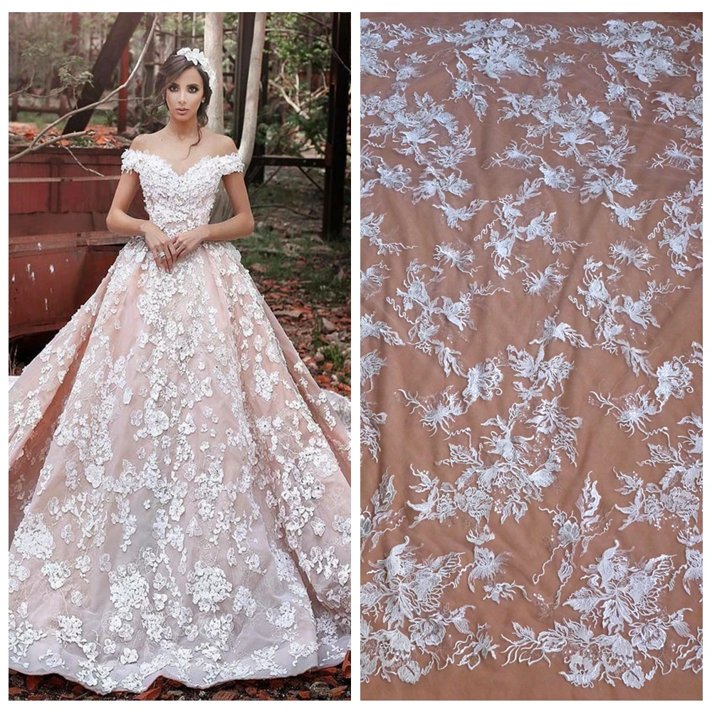 

New fashion high quanlity Off white rayon with clear shining sequins on netting wedding/brides/evening dress lace fabric