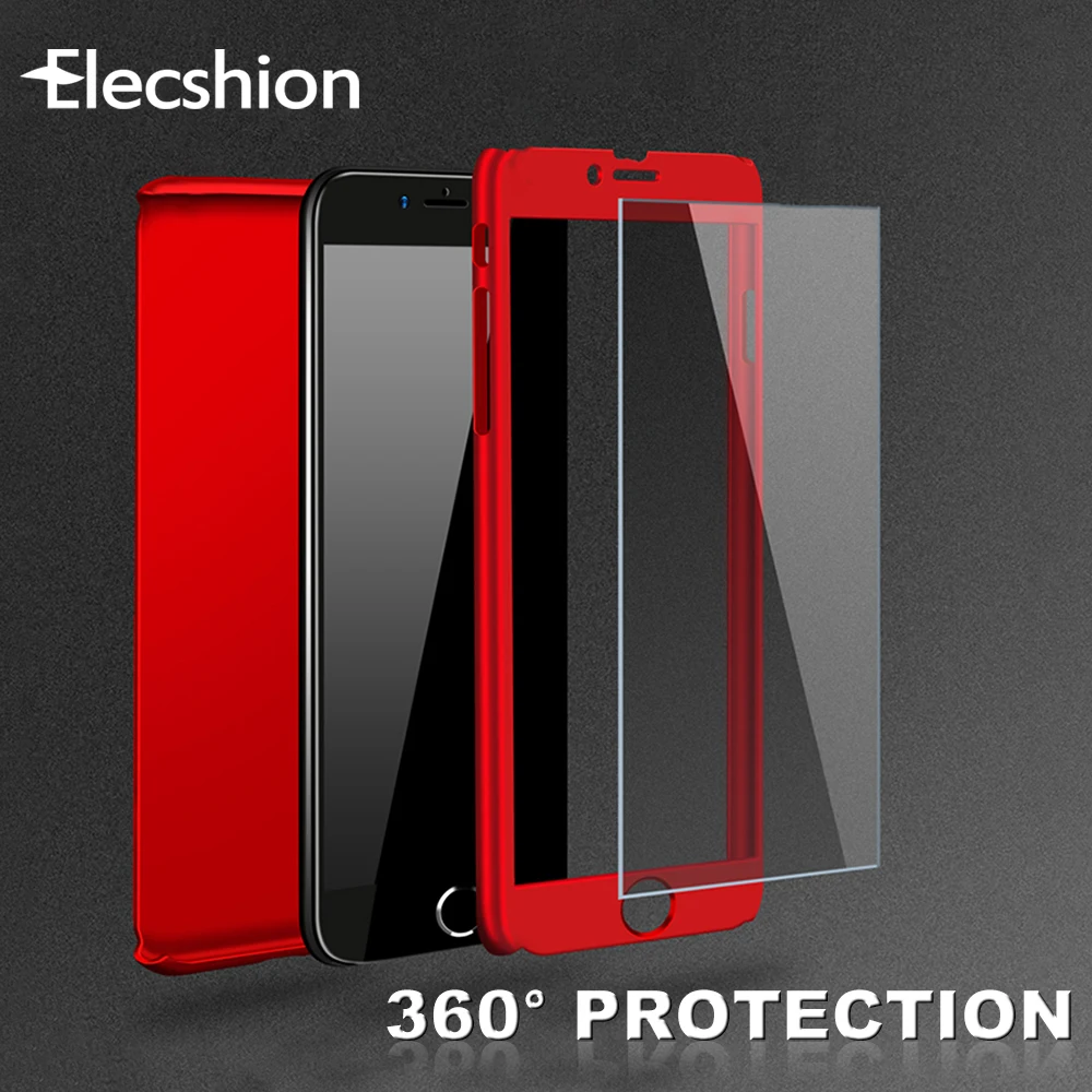 Luxury 360 Full Cover Phone Case For iPhone 7 8 Plus XS MAX XR Tempered glass Protective Body PC Hard Cases X 6 6s | Мобильные