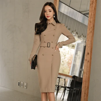 

Elegant Women Khaki Dress Spring Autumn Full Sleeve Office Ladies Blazer Dresses Bodycon Trumpet Formal Dress Suit DS82