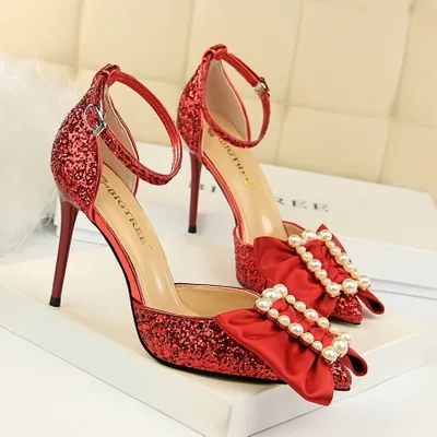 

2018 fashion High-heeled hollow shallow mouth pointed sequins metal buckle pearl bow word with female sandals