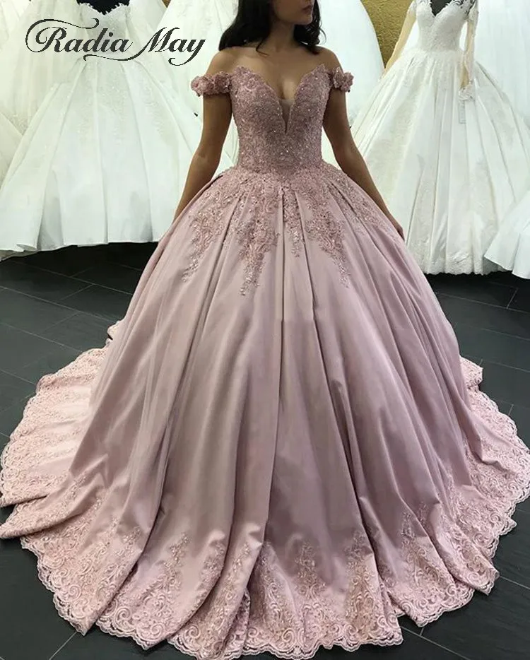 Элегантное платье с открытыми плечами розовые платья Quinceanera бальное платье атласные аппликации сладкий 16 платья 15 День рождения Бальные платья