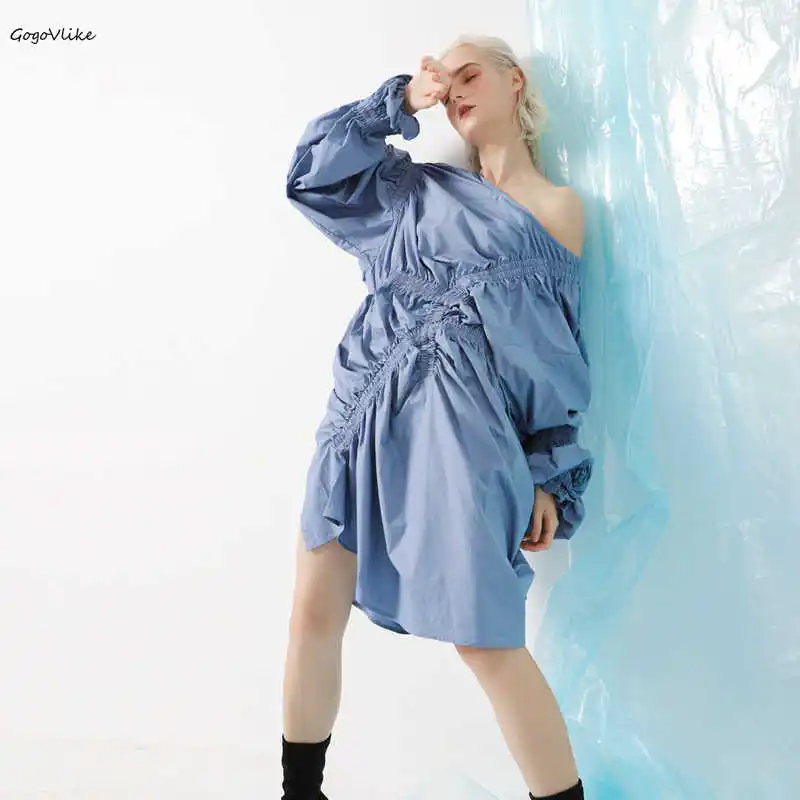 

Sexy One Shoulder Dress Irregular Shirt Dress Pleated 2019 Spring women Vintage Dress Cotton Open Shoulder dress LT218S50