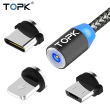 TOPK 1 м светодиодный магнитный usb-кабель/Micro USB/type-C для iPhone X Xs Max XR 8 7 6s 6 5 магнитное зарядное устройство для samsung Xiaomi huawei USB C
